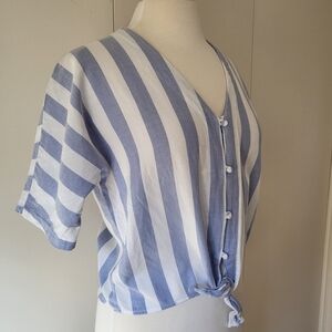 Lumiere 100% Cotton Striped Button Down Tie Front Shirt Blue White Nautical S